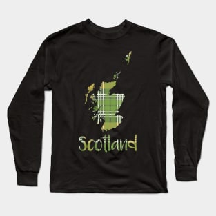 Scotland Green and Yellow Tartan Map Typography Design Long Sleeve T-Shirt